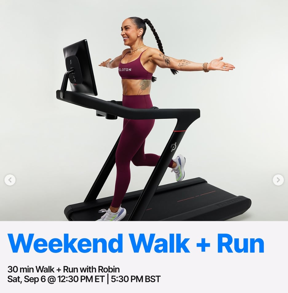 Robin will have a live Walk + Run this week. Image credit Peloton social media.