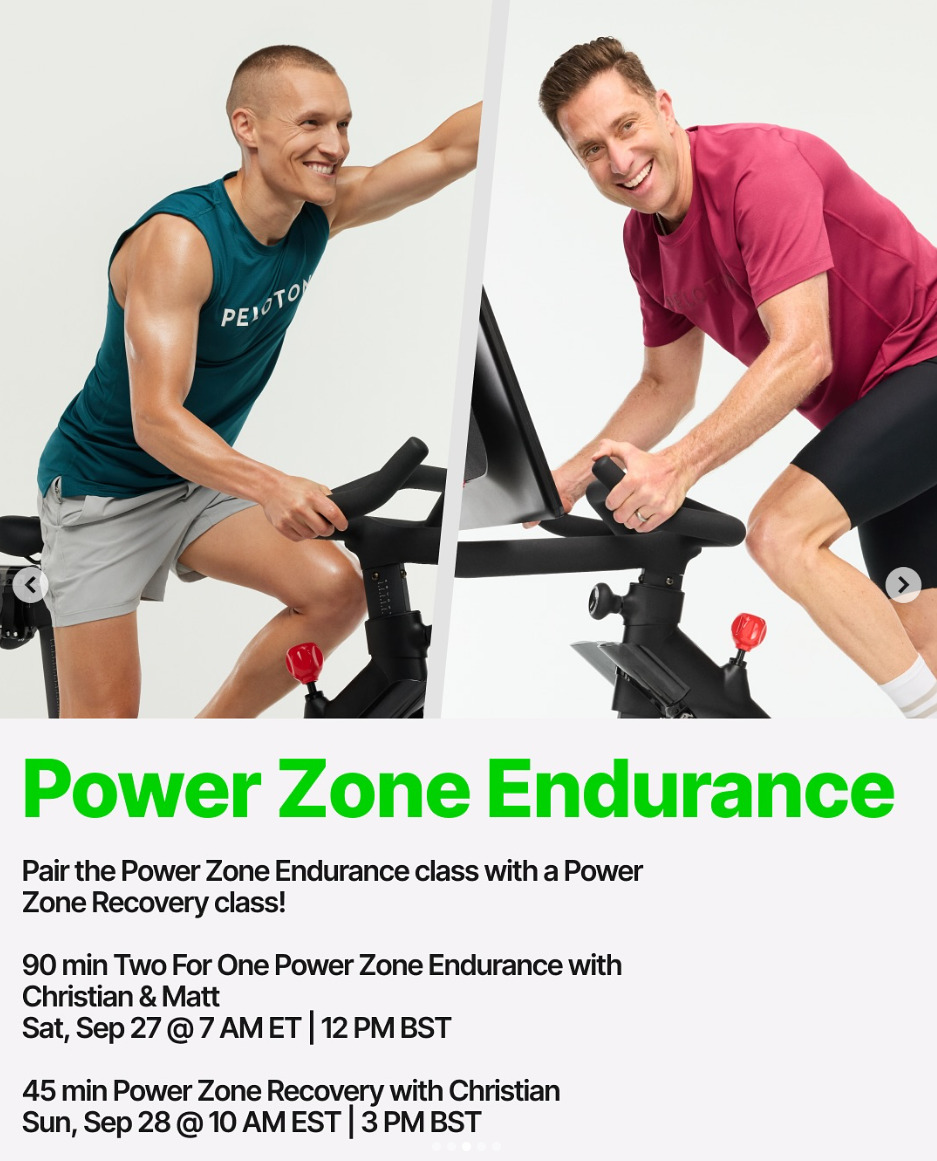 Matt Wilpers and Christian Vande Velde will teach a 90 minute two-for-one Power Zone Endurance Ride this week. Image credit Peloton social media.