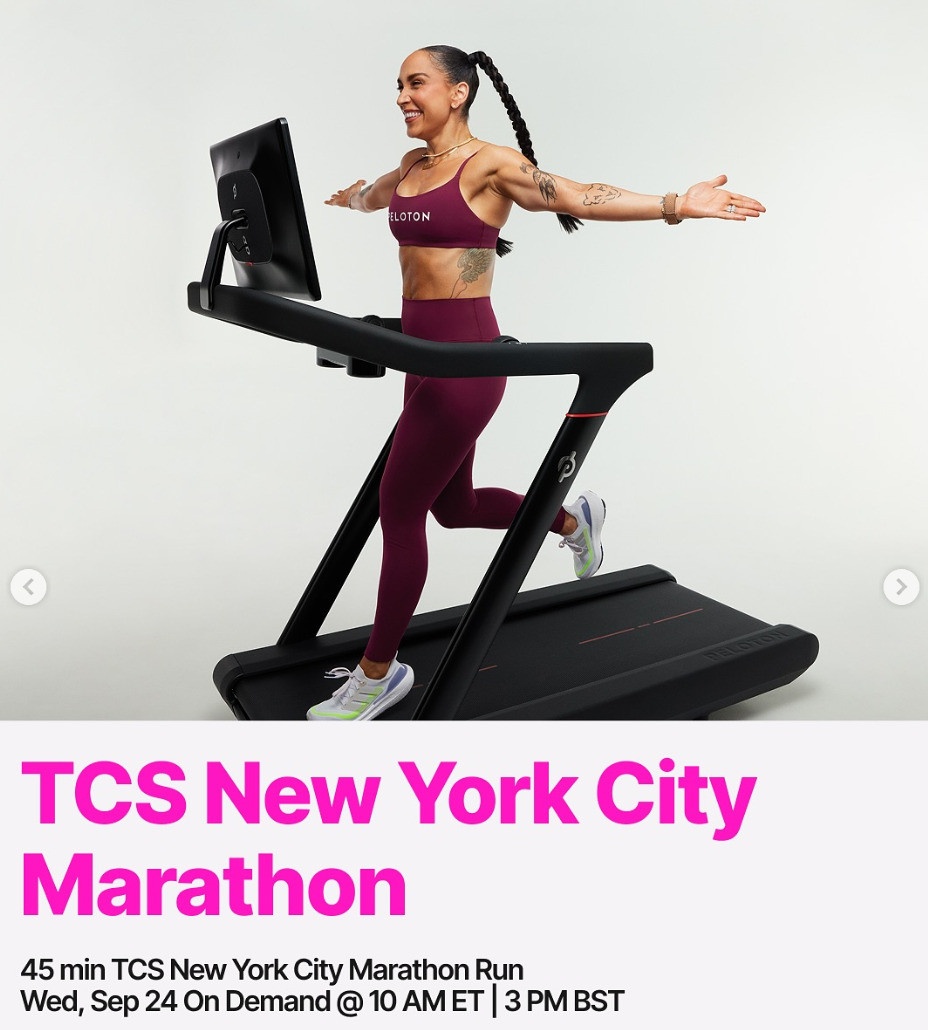Peloton will have a new New York City Marathon Scenic Run drop on demand this week. Image credit Peloton social media.