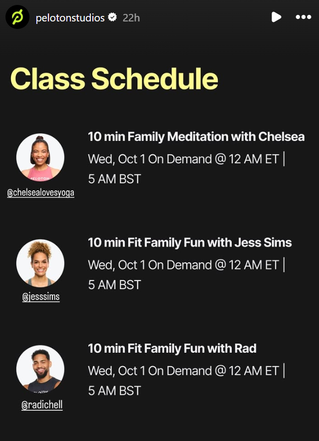 Peloton's Fit Family classes on October 1, 2025