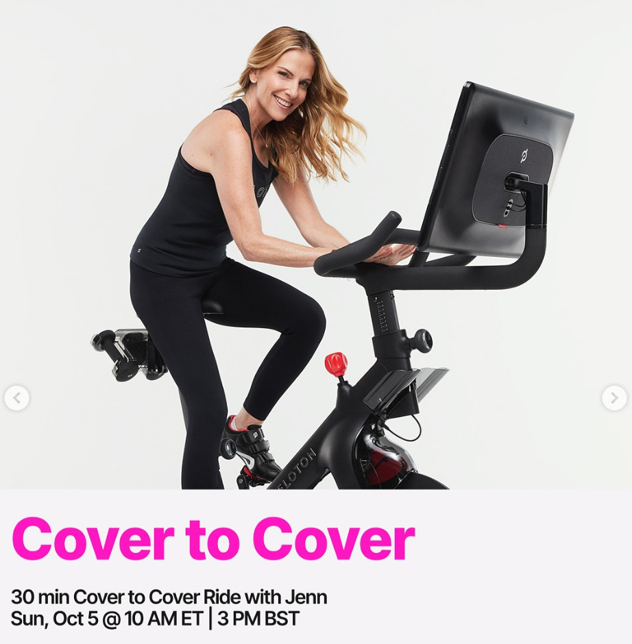 Jenn Sherman will teach a live 30 minute Cover to Cover Ride this week. Image credit Peloton social media.