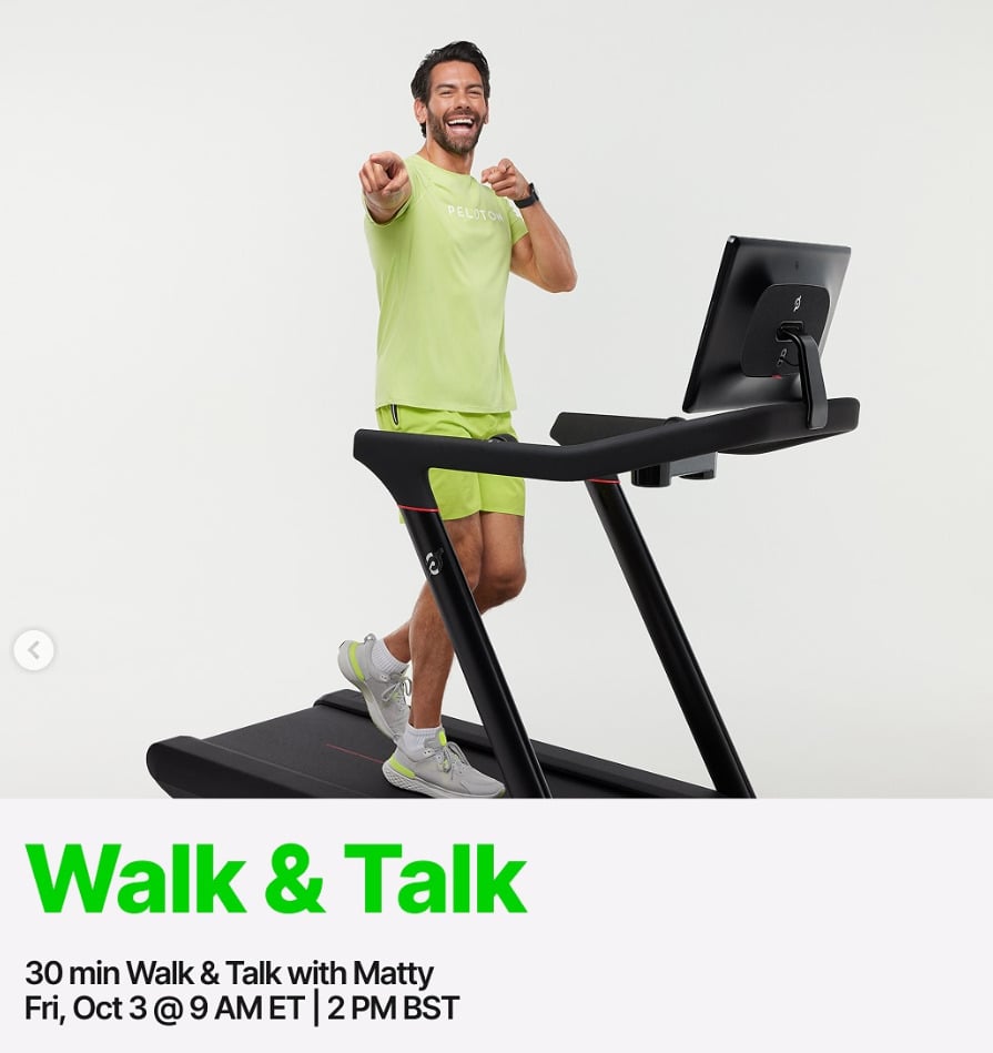 Matty Maggiacomo will teach a live 30 minute Walk & Talk this week. Image credit Peloton social media.
