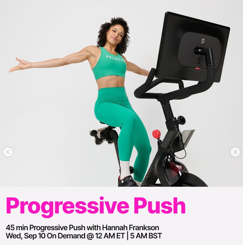 Hannah Frankson will have a Progressive Push Ride on demand this week. Image credit Peloton social media.