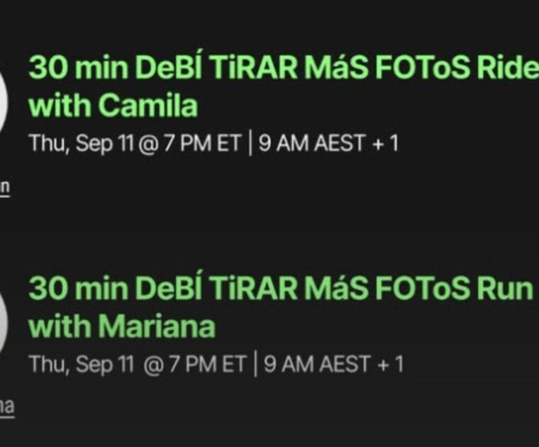 Peloton's Bad Bunny "DeBÍ TiRAR MáS FOToS" class list. Image credit Peloton social media.