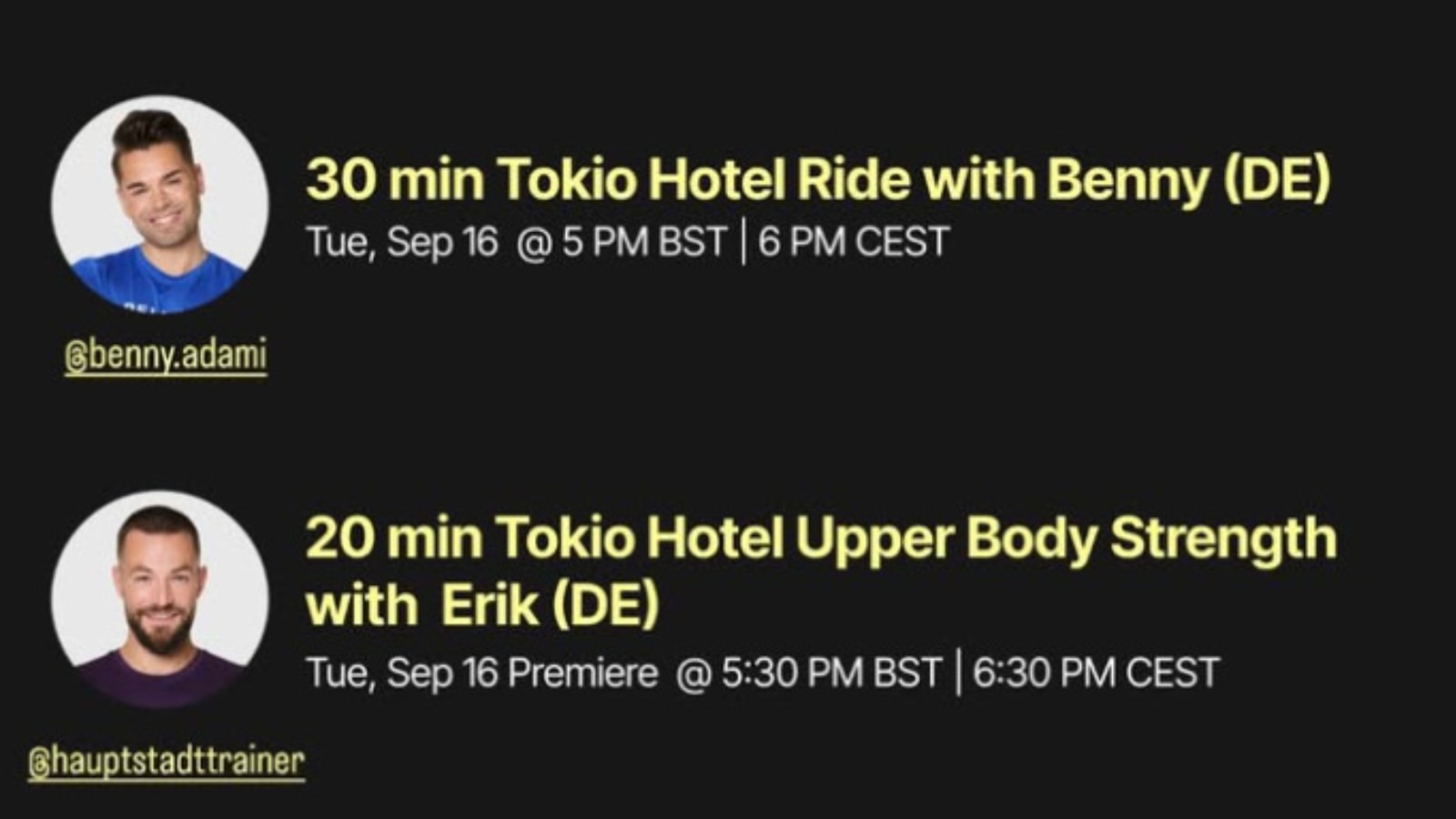 Peloton's Tokio Hotel class list. Image credit Peloton social media.
