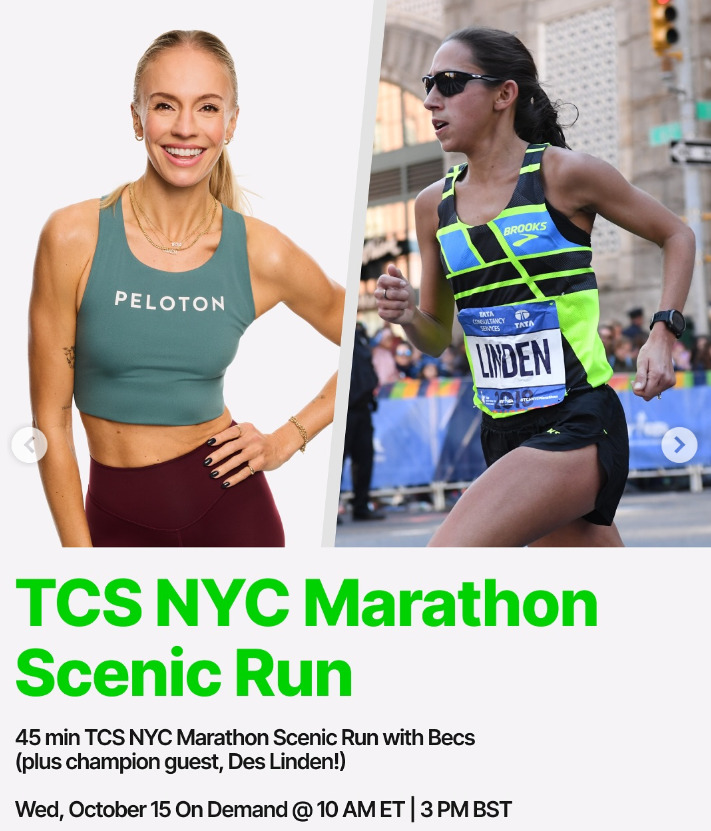 A new TCS NYC Marathon course scenic run narrated by Becs Gentry and Des Linden will drop on demand this week. Image credit Peloton social media.