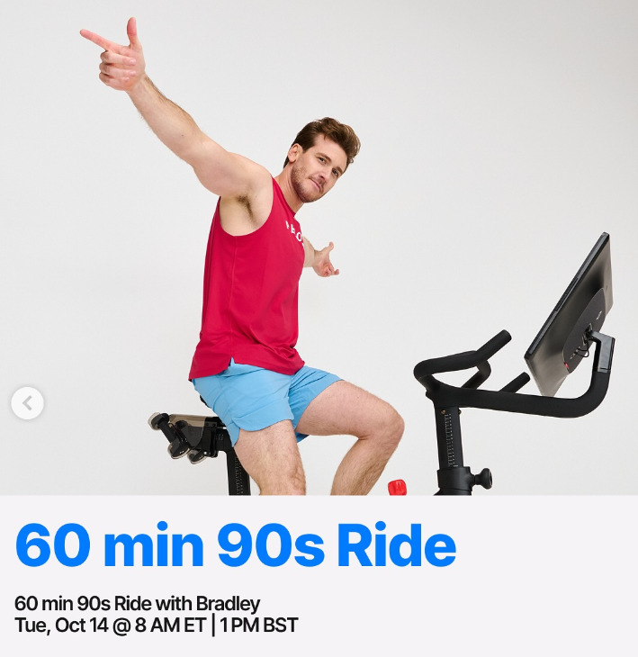 Bradley will teach a live 60 minute 90s Ride this week. Image credit Peloton social media.