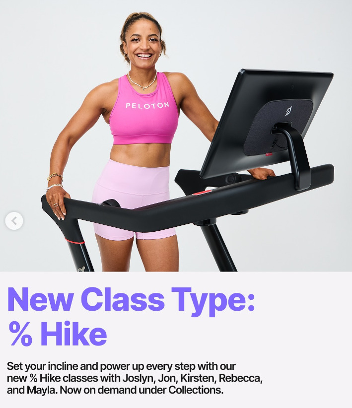 A new class type, % Hikes, dropped this week from several instructors. Image credit Peloton social media.