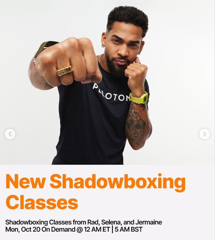 New Shadowboxing classes from Rad, Selena, and Jermaine are available this week. Image credit Peloton social media.