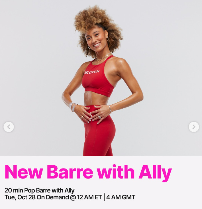 Ally will have a Pop Barre class on demand this week. Image credit Peloton social media.