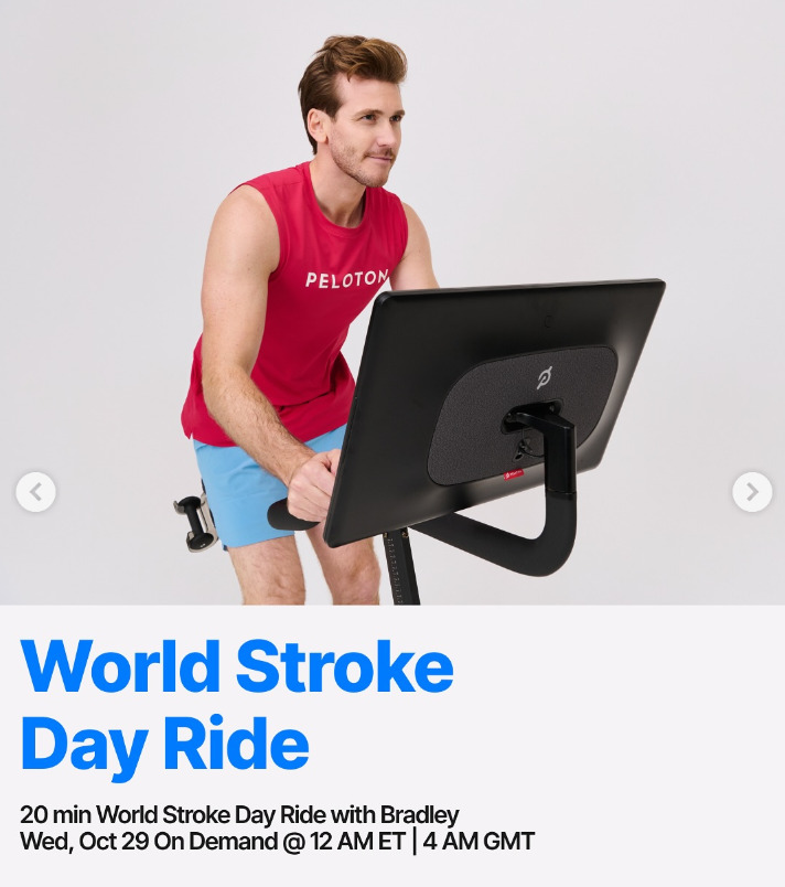 Bradley will have a World Stroke Day Ride on demand this week. Image credit Peloton social media.