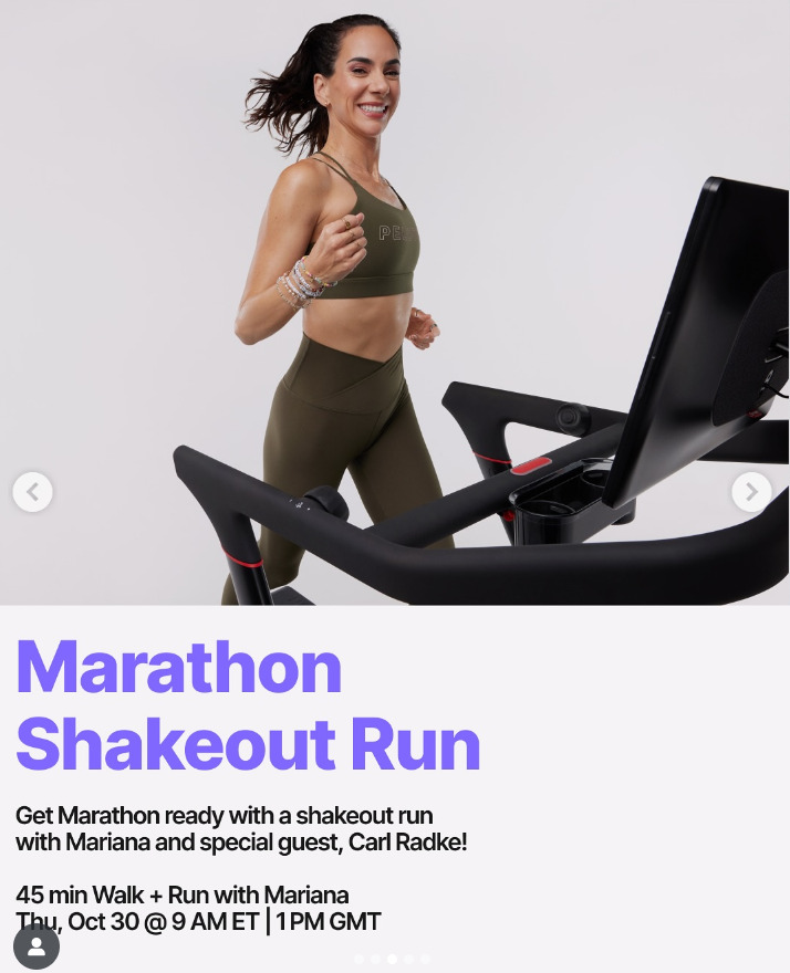 Mariana will teach a live Marathon Shakeout Walk + Run with special guest Carl Radke. Image credit Peloton social media.