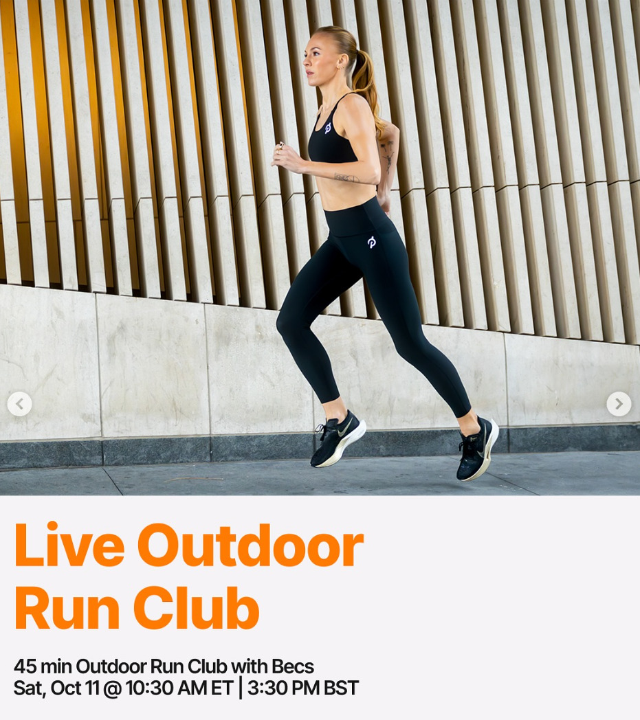 Becs will teach a live 45 minute Outdoor Run Club on October 11, 2025