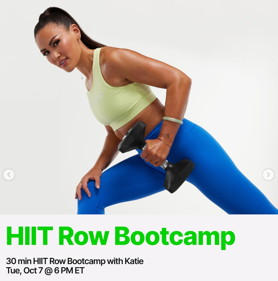 Katie will teach a live 30 minute HIIT Row Bootcamp on October 7, 2025