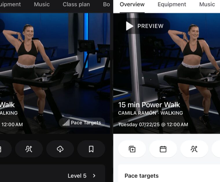 Before and after of Peloton App. The new dark mode on the left, and the old light mode on the right.