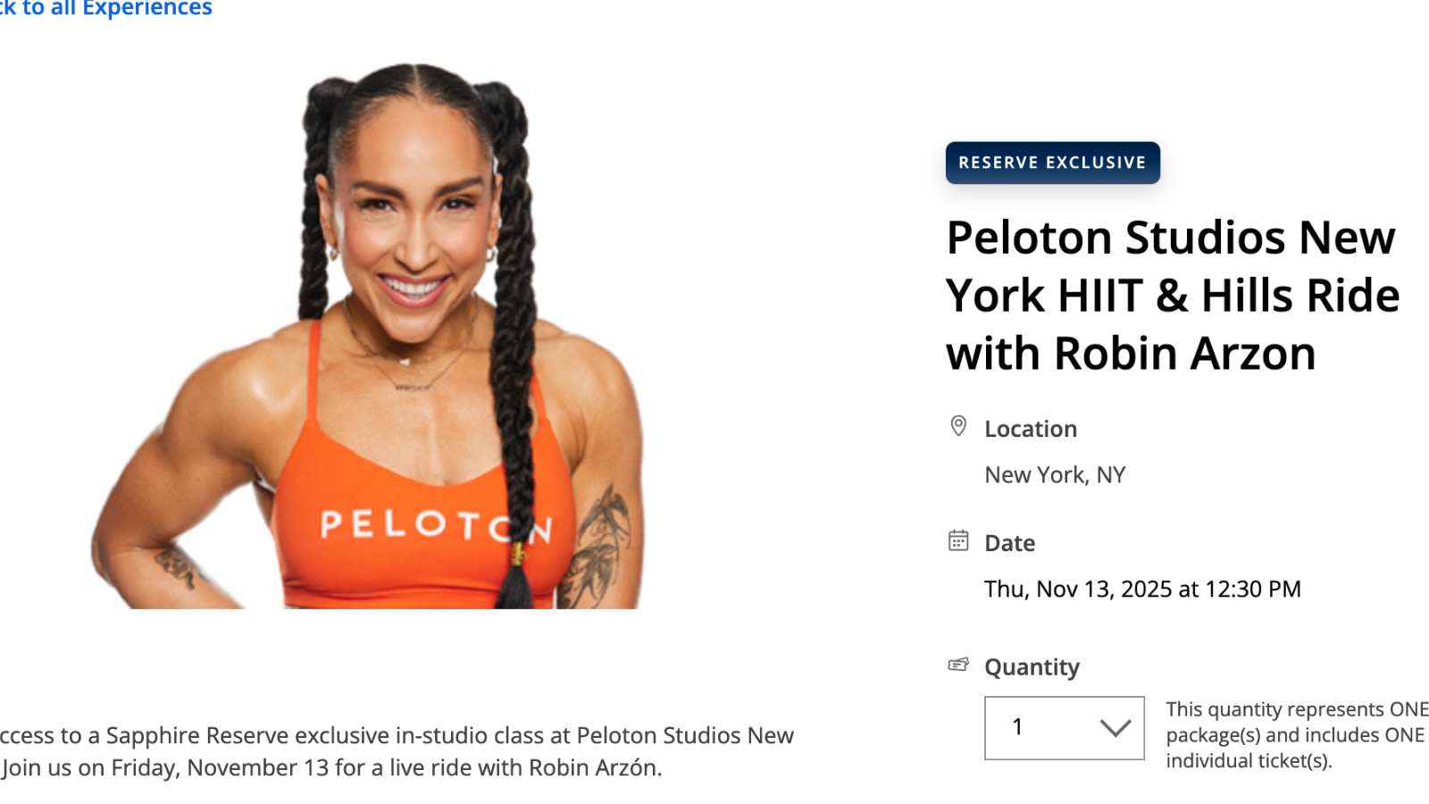 Chase Experiences website displaying exclusive class with Robin Arzón.