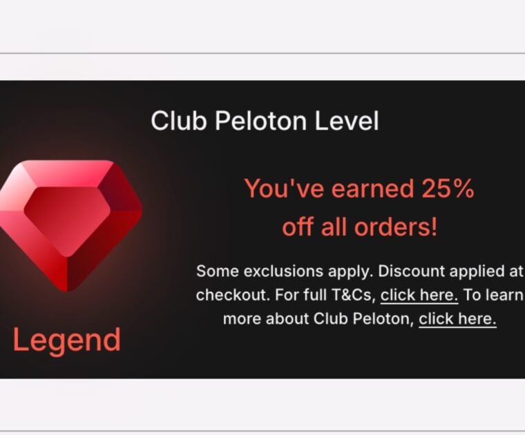 Discounts on Peloton Apparel based on your Club Peloton level.