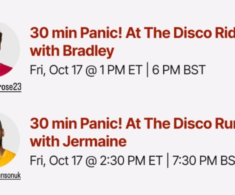 Peloton's Panic! At the Disco classes. Image credit Peloton social media.