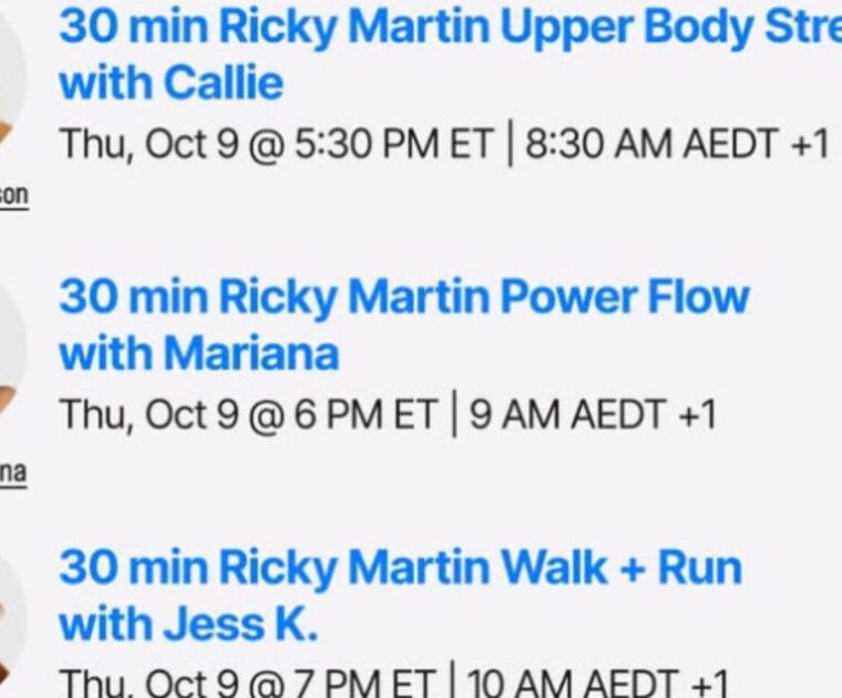 Peloton Ricky Martin class list. Image credit Peloton social media.