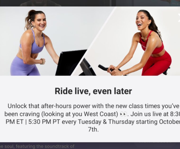 Banner on Peloton Bike promoting later evening classes on Tuesdays & Thursdays.