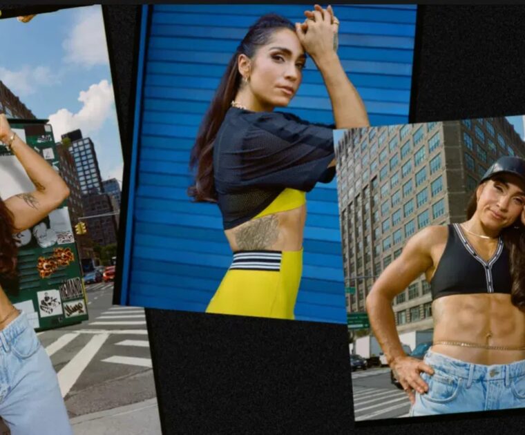 Peloton instructors Robin Arzón and Adrian Williams modeling the new Peloton Apparel x Robin Arzón Collection