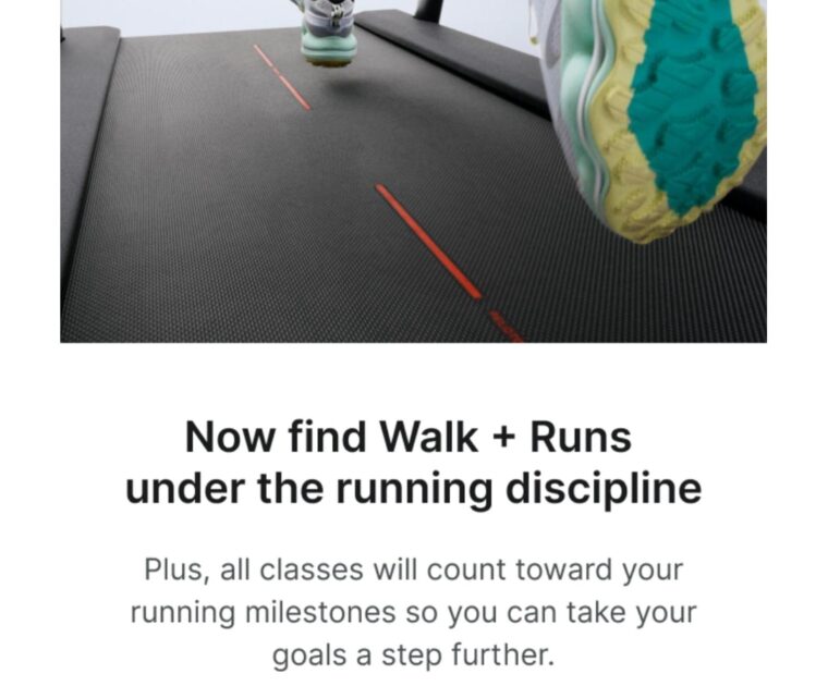 Alert regarding Walk + Run classes in the Peloton app.
