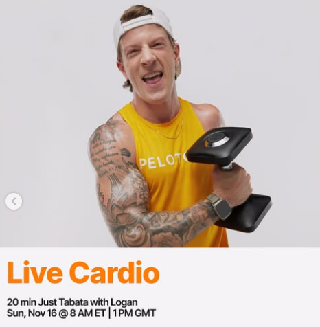 Logan will have a live 20 minute Just Tabata cardio this week. Image credit Peloton social media.