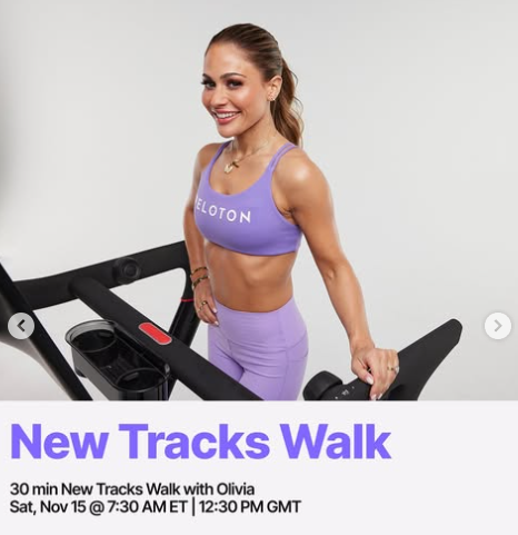 Olivia will have a live 30 minute New Tracks Walk this week. Image credit Peloton social media.