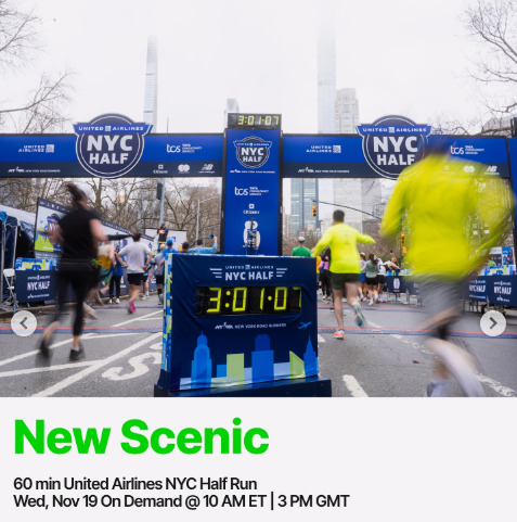 New 60 minute United Airlines NYC Half scenic run will drop on demand this week. Image credit Peloton social media.