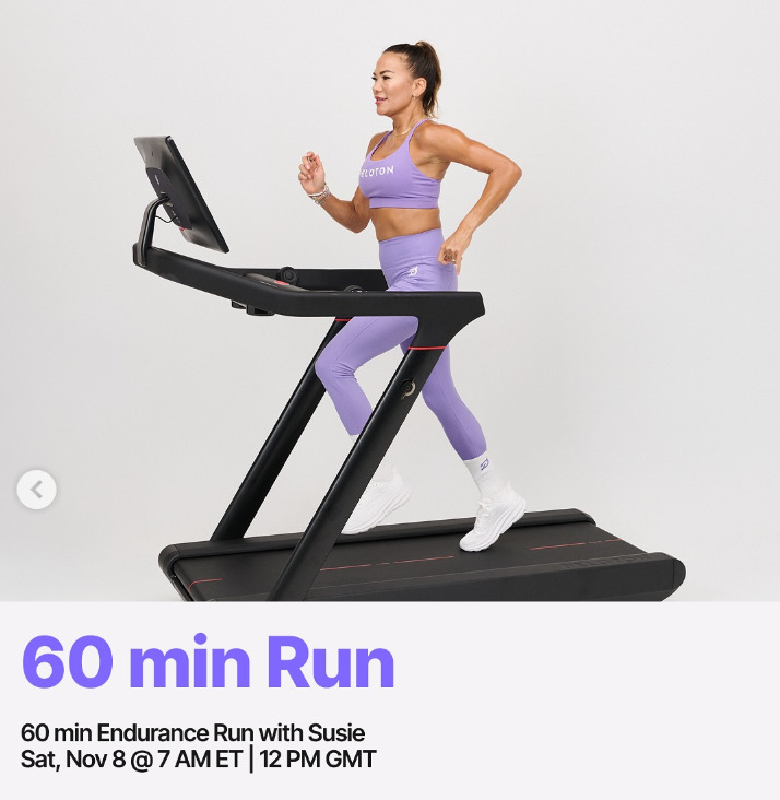 Susie will teach a live 60 minute Endurance Run this week. Image credit Peloton social media.
