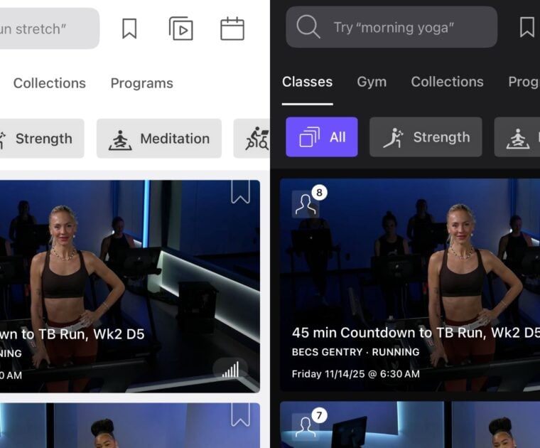 Light Mode vs Dark mode on the Peloton app.