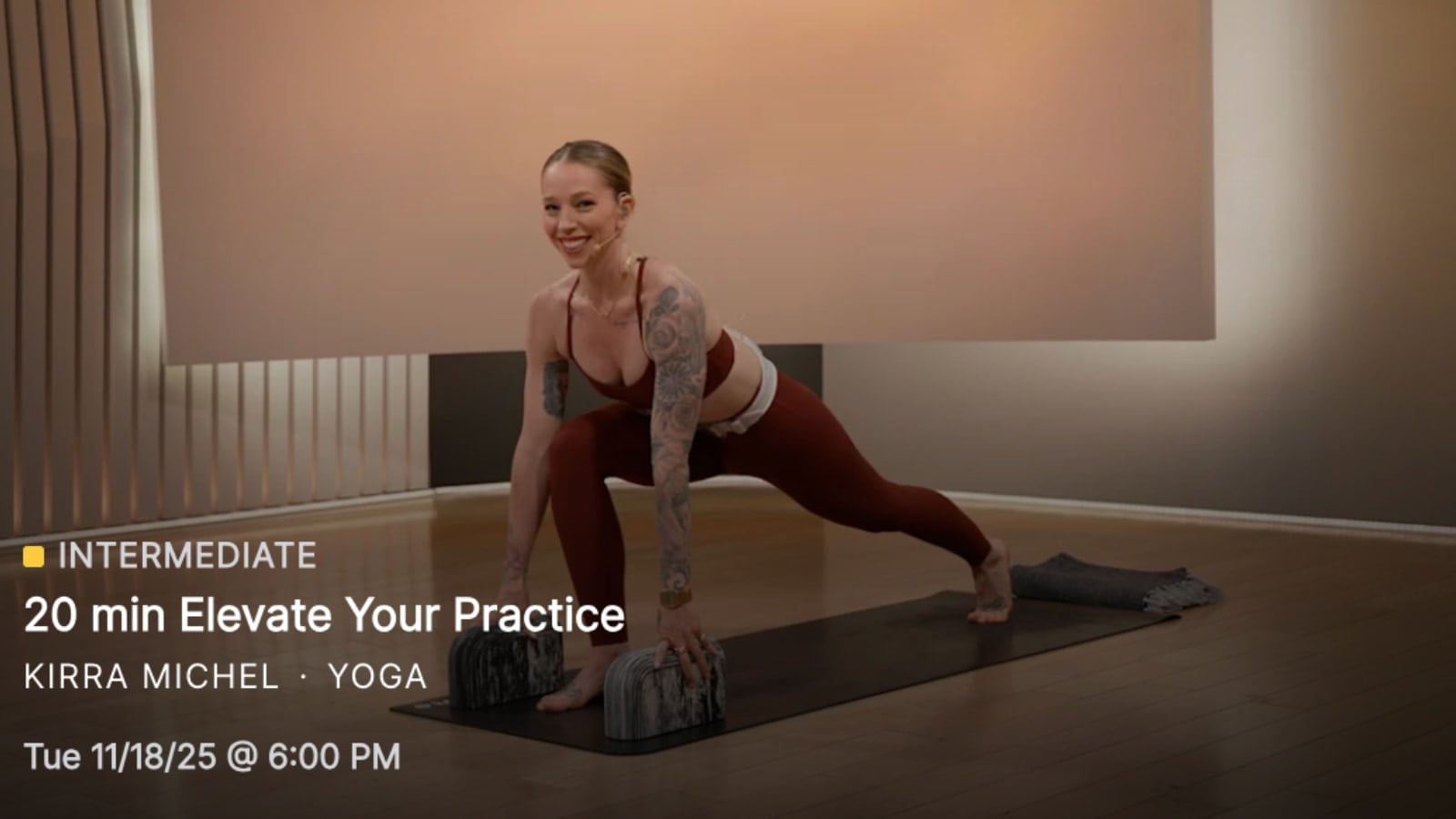 The first "Elevate Your Practice" yoga class with Kirra Michel on Peloton.