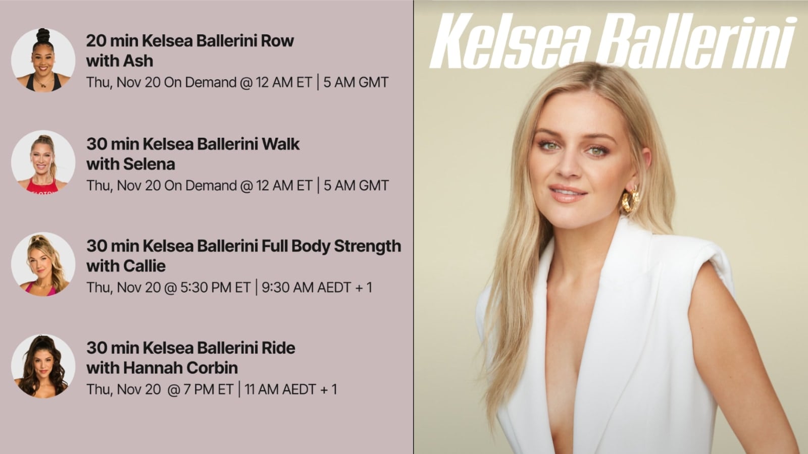Peloton's Kelsea Ballerini artist series class list. Image credit Peloton social media.