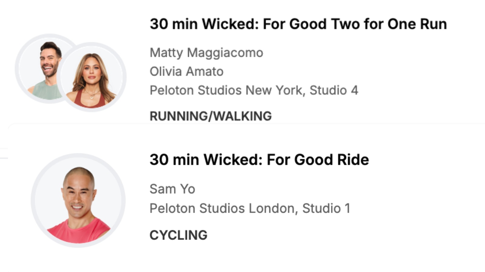 Some of the Peloton Wicked: For Good classes.