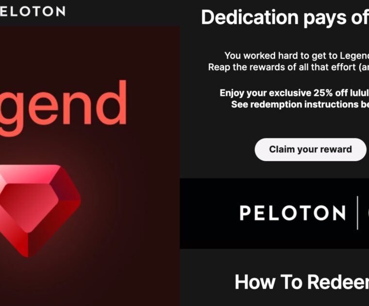 Email sent to select Legend Club Peloton members regarding lululemon discount.