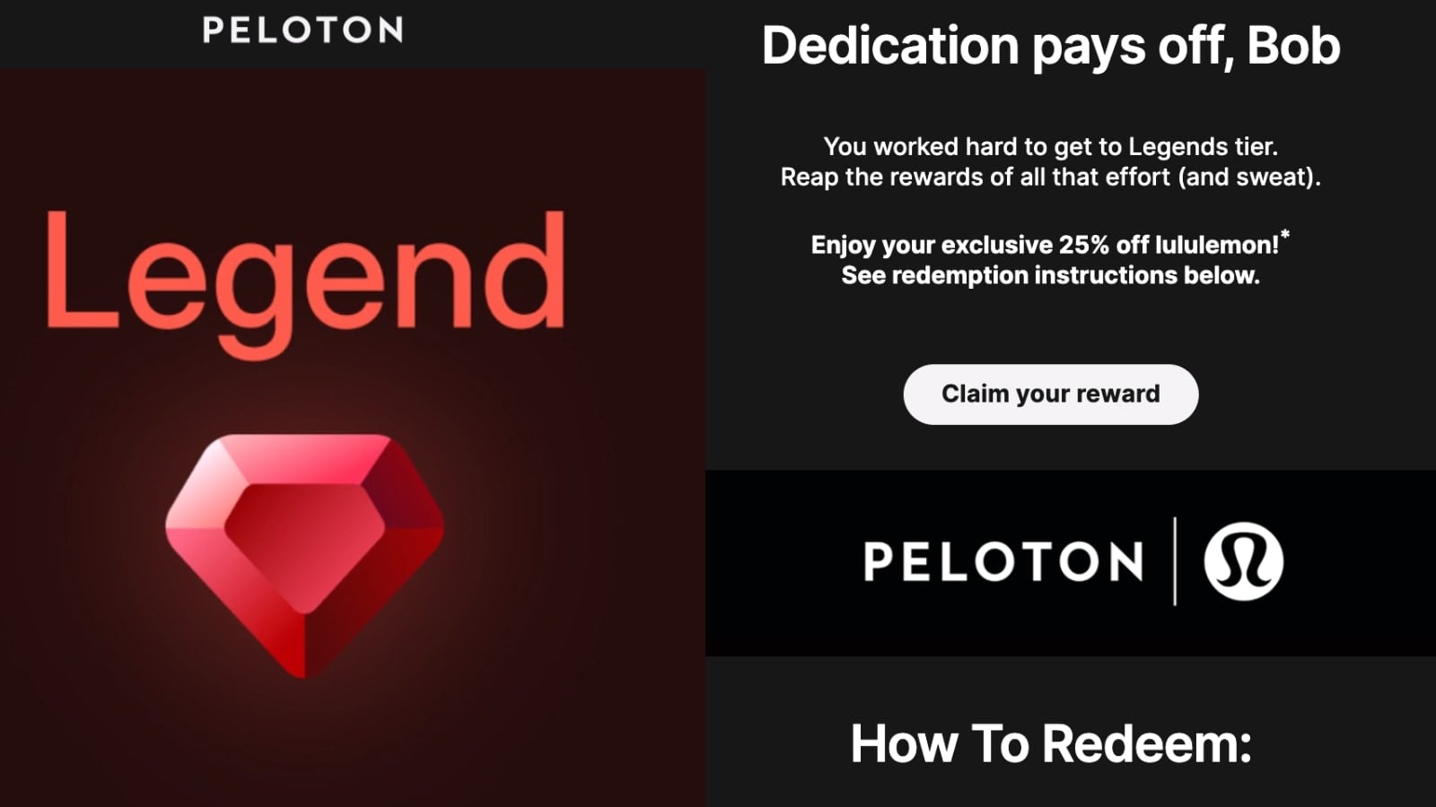 Email sent to select Legend Club Peloton members regarding lululemon discount.
