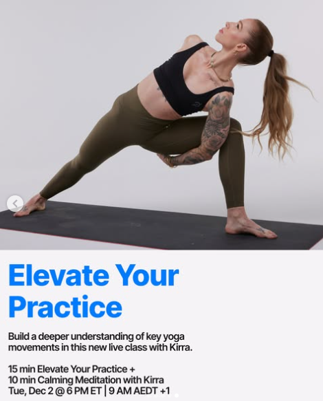 Kirra will have a live Elevate Your Practice yoga and meditation this week. Image credit Peloton social media.