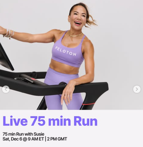 Susie will have a live 75 minute Long Run this week. Image credit Peloton social media.