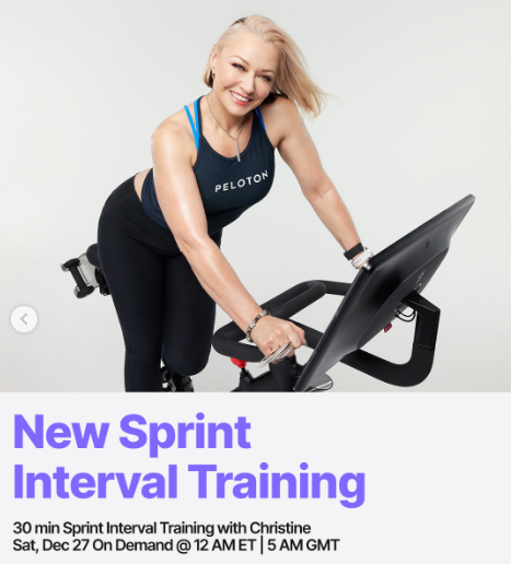 A new 30 minute Sprint Interval Training Ride with Christine will drop on demand this week. Image credit Peloton social media.