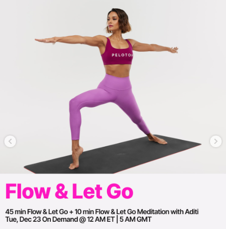 A new 45 minute Flow & Let Go Yoga and 10 minute Meditation with Aditi will drop on demand this week. Image credit Peloton social media.