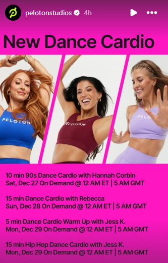 New Dance Cardio classes will drop at the end of December. Image credit Peloton social media.