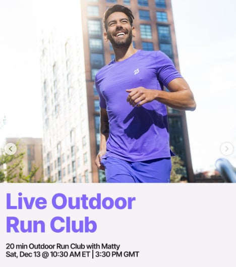 Matty will teach the live Outdoor Run Club this week. Image credit Peloton social media.