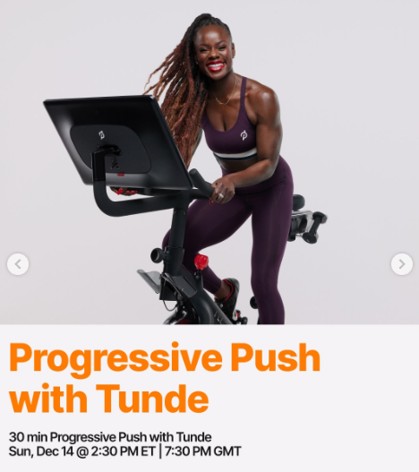Tunde will teach a live Progressive Push Ride this week. Image credit Peloton social media.