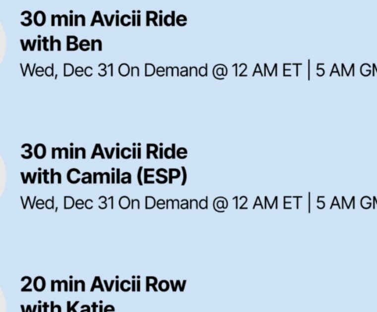 Peloton's Avicii class list. Image credit Peloton social media.