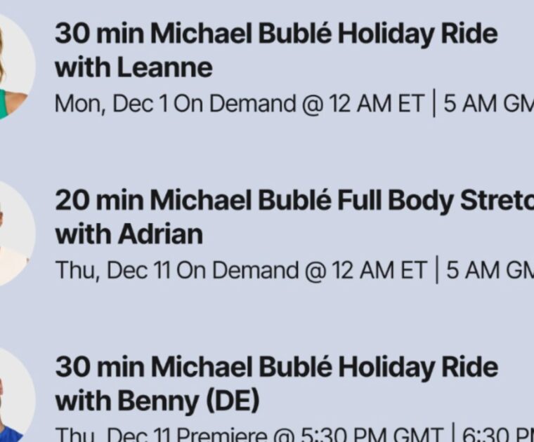 Peloton's Michael Bublé class list. Image credit Peloton social media.
