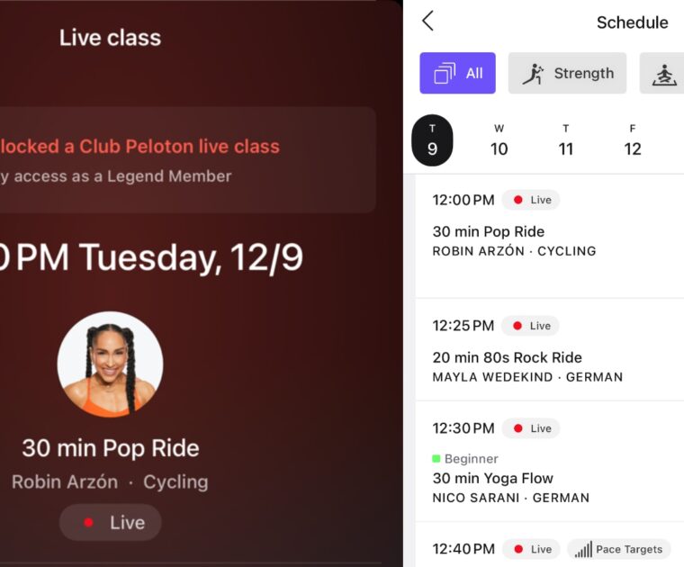 A "Club Peloton Live Class" on the Peloton class schedule with Robin Arzon for Legend level.