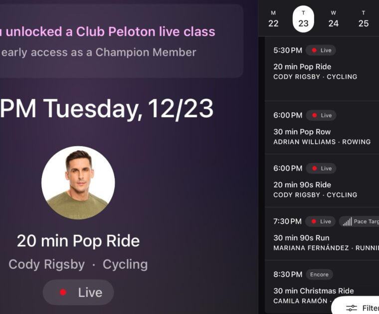 A new "Club Peloton Live Class" - a ride with Cody Rigsby for "Champion" members.