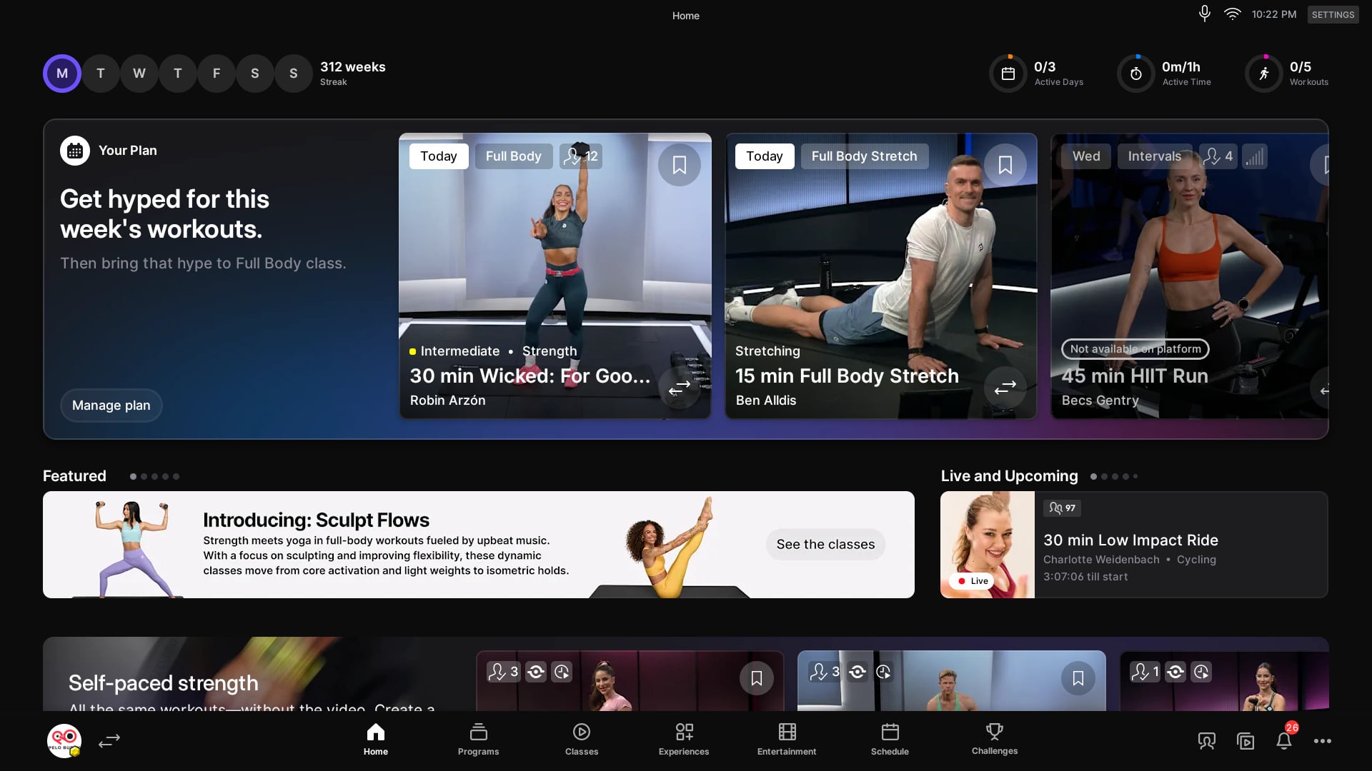 Home screen of Peloton Bike with original dark mode.