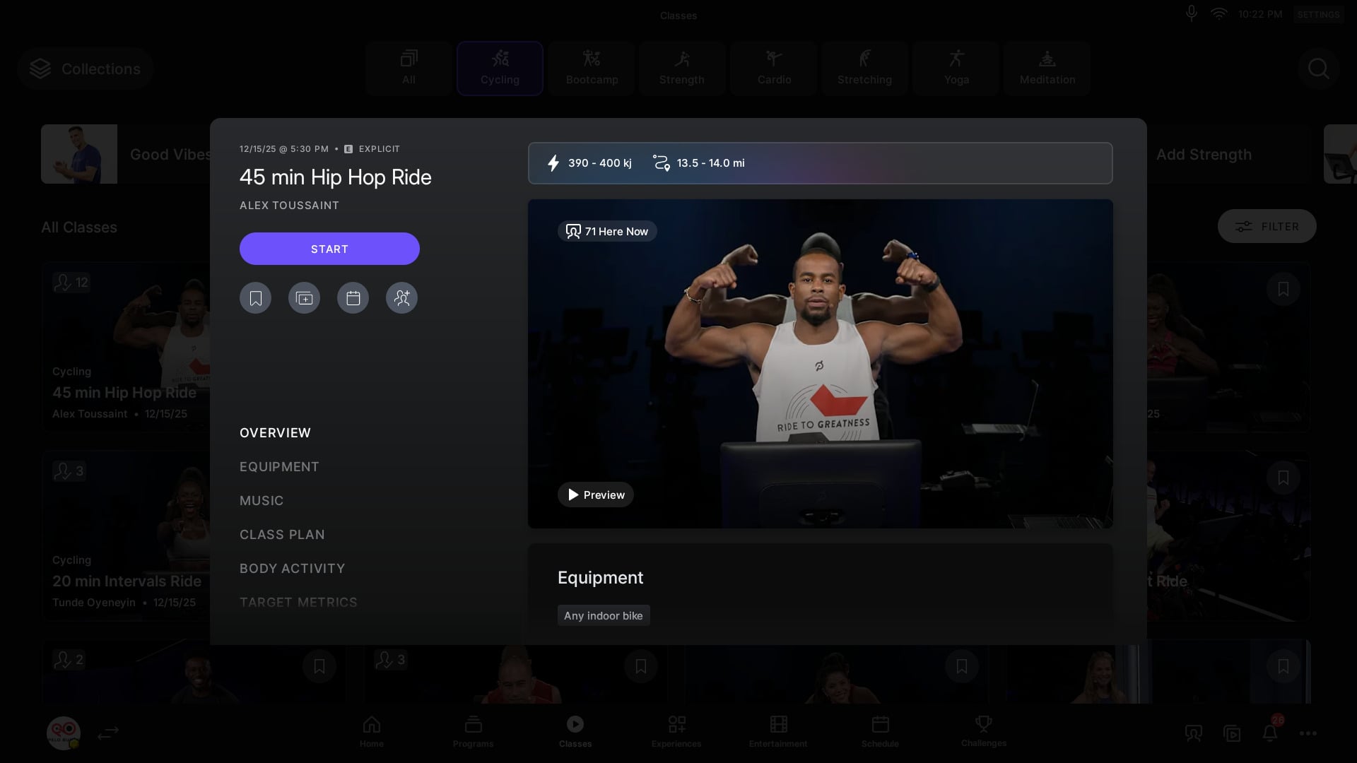 Modal before starting a class in dark mode on a Peloton bike.