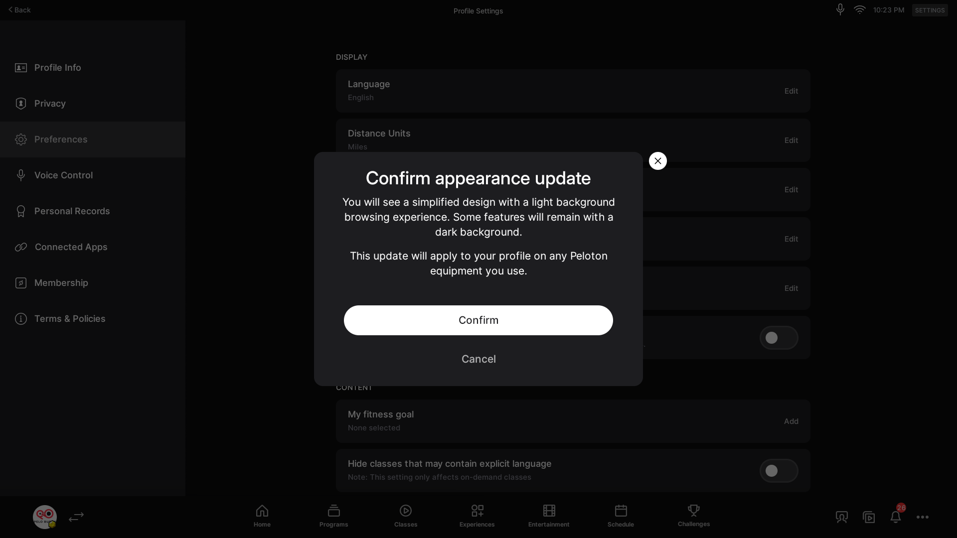 Confirmation screen before changing to light mode.